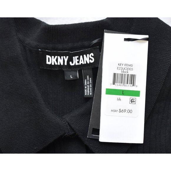 DKNY JEANS WOMEN NWT RIB COTTON BLEND KNIT BLACK POLO SWEATER. SIZE L - Picture 9 of 10